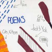 cover obviously drawn by a child, with a tabby cat being rained on, the word 'Poems' written large in the center, a staircase, a baseball bat, and a golden leg