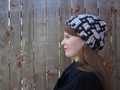 side angle showing the lighter texture of the wool version of Carreau hat